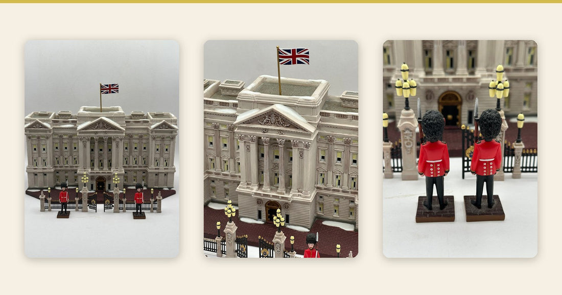 Vintage Department 56 Buckingham Palace from Dickens' Village, three views: the full palace with its guards, the flag over the front and two Royal Guards at the gates