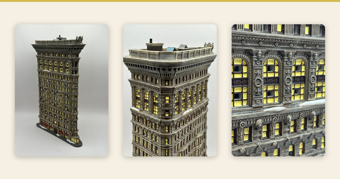 Vintage Department 56 Flatiron Building from Christmas in the City, three views: the narrow triangular prow, the rooftop corner and the lit arched windows