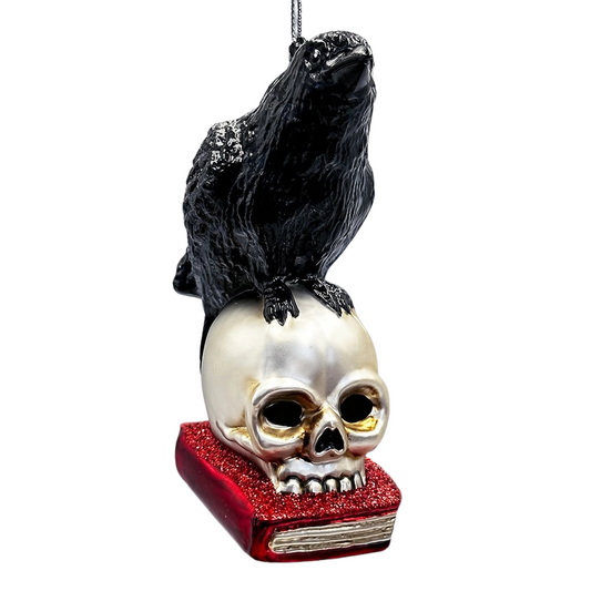 Raven On Skull and Book Glass Ornament